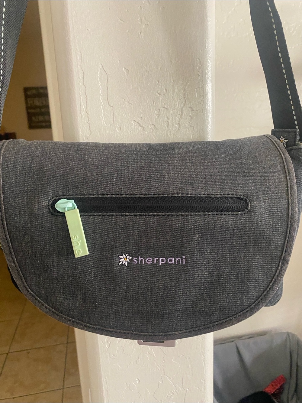 Sherpani Charcoal Messenger Bag with Mint Zipper Pull